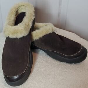 Entienne Aigner Fern Brown Suede Faux Fur Lined Mules Clogs Slippers SZ 8